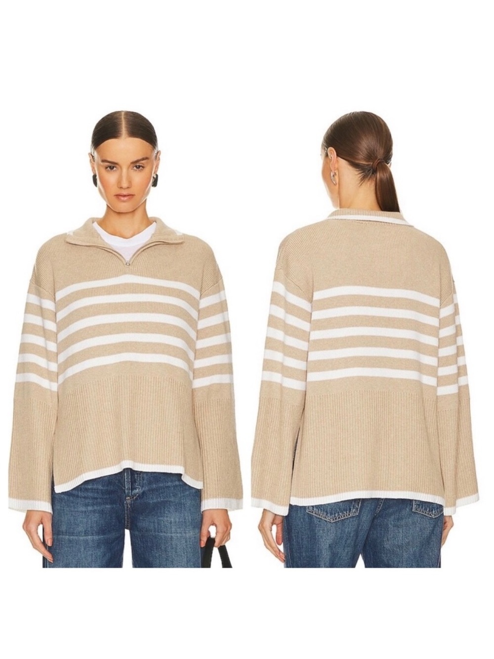 Rails Tessa Sweater SM Sand Stripe 1/4 Zip Knit Top Wool Cotton Blend Timeless
